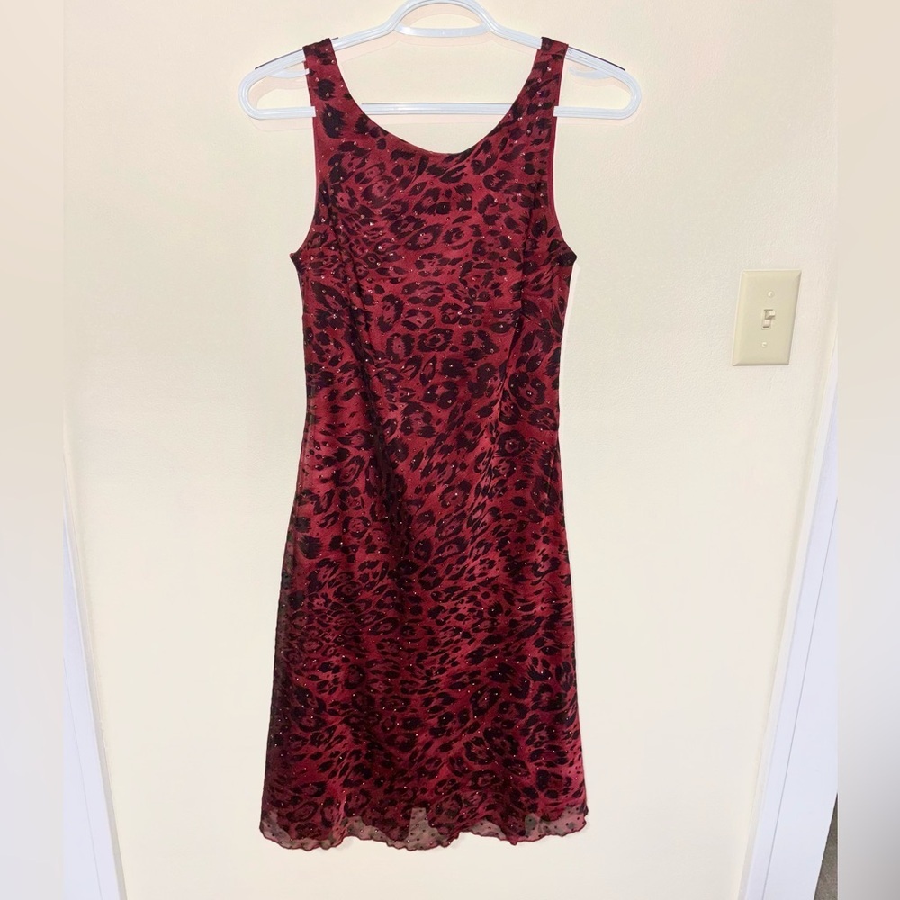 Y2K Wine Red and Black Leopard Cheetah Animal Print Dress Sparkle Glam Feminine